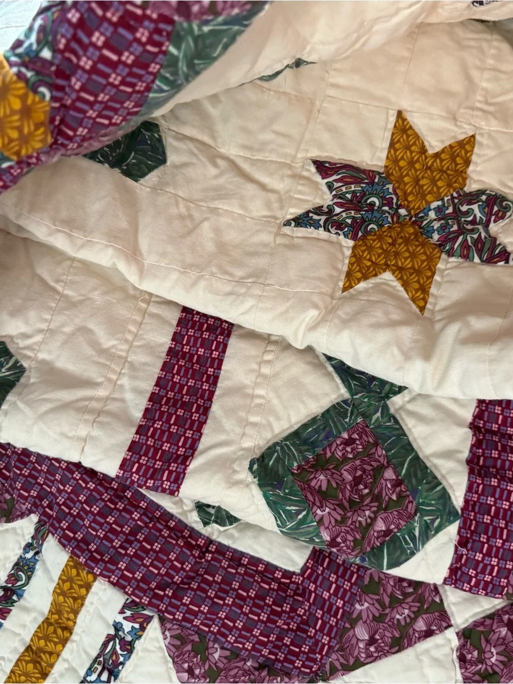 Vtg 90s Reproduction Quilt Patchwork Floral Medallion Queen Cotton Purple Green